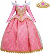 Doornroosje jurk Prinsessenjurk Royal Queen Deluxe 104-110 (110) roze goud + kroon verkleedjurk verkleedkleding