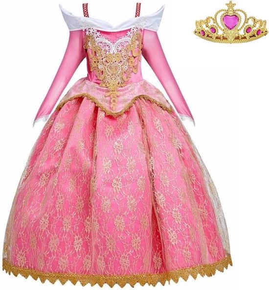 Pekkadillo Zoekmachinemarketing kleurstof Doornroosje jurk Prinsessenjurk Royal Queen Deluxe 104-110 (110) roze goud  + kroon... | bol.com