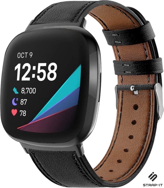 Smartwatch bandje leer - Fitbit Versa 3 / Fitbit Sense - zwart