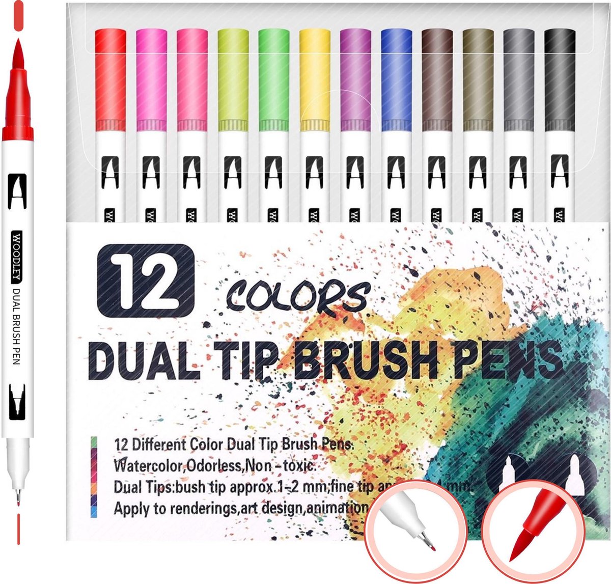 Dubbelzijdige Stiften Set - 12 Kleuren - Kleuren voor volwassenen en kinderen - Kleurstiften - Viltstiften - Stiften voor volwassenen - Woodley