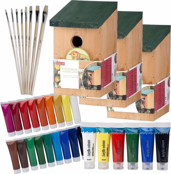 10x stuks vogelhuisjes/nestkastjes 22 cm – Zelf schilderen pakket – verf/kwasten – Kinder feestje/verjaardag activiteiten