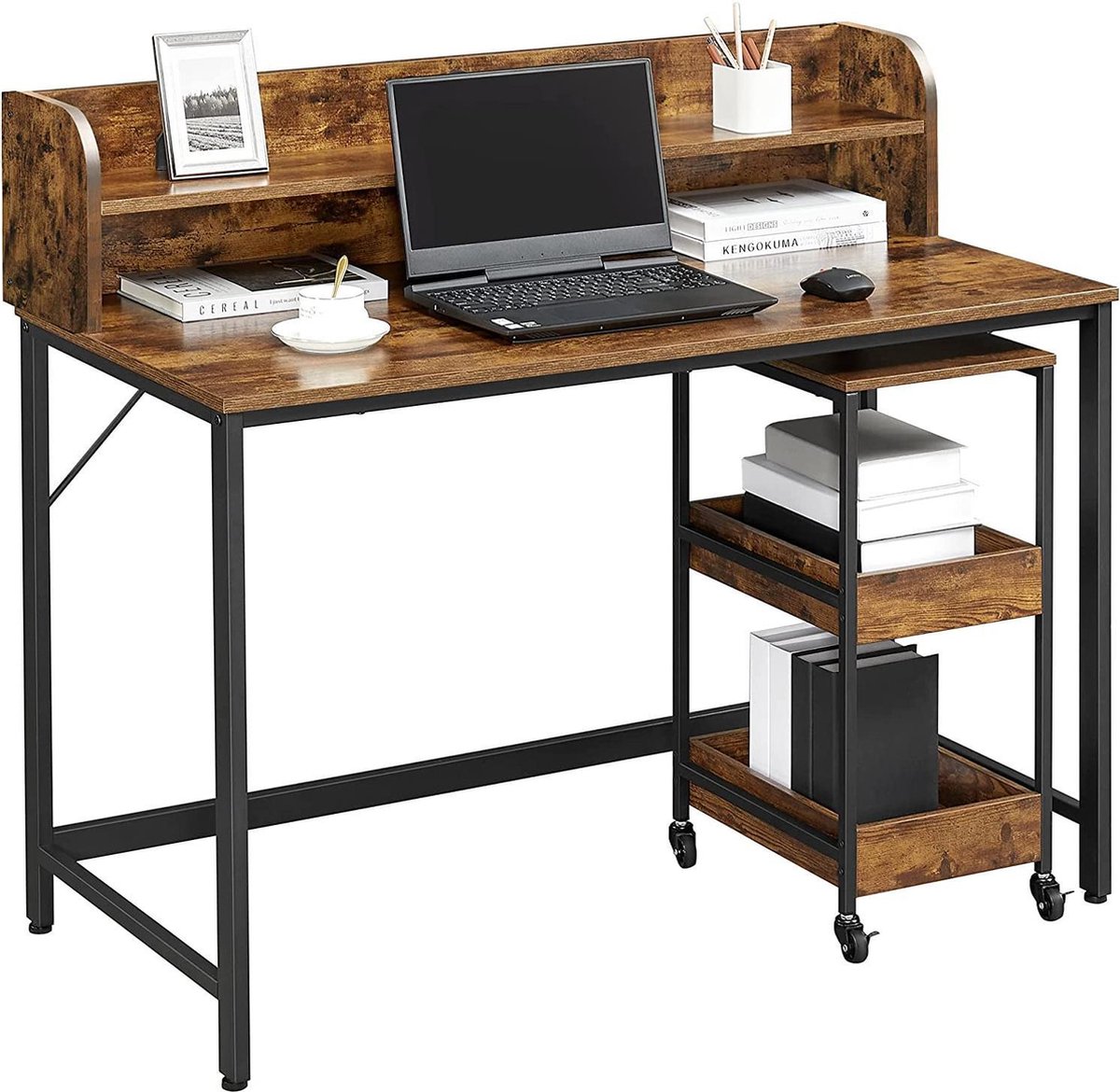 Houten monitorstandaard verhoger met opberglade bureau scherm plank platform organizer voor computer printer tv kantoor bureauhouder zwart