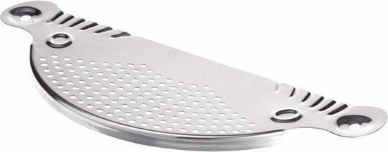Zilverkleurig roestvrijstalen afgietdeksel met handvatten en perforaties.
