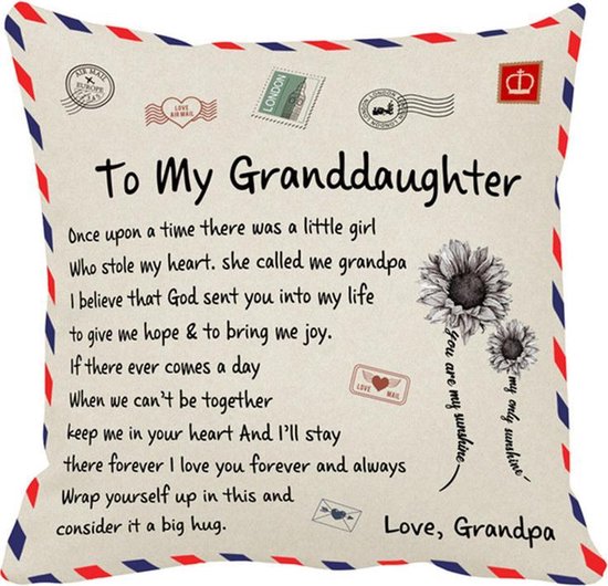 TDR - Sierkussensloop - 45x45 cm  - leuk als cadeau voor grootvader naar kleindochter -  "To my granddaugher"