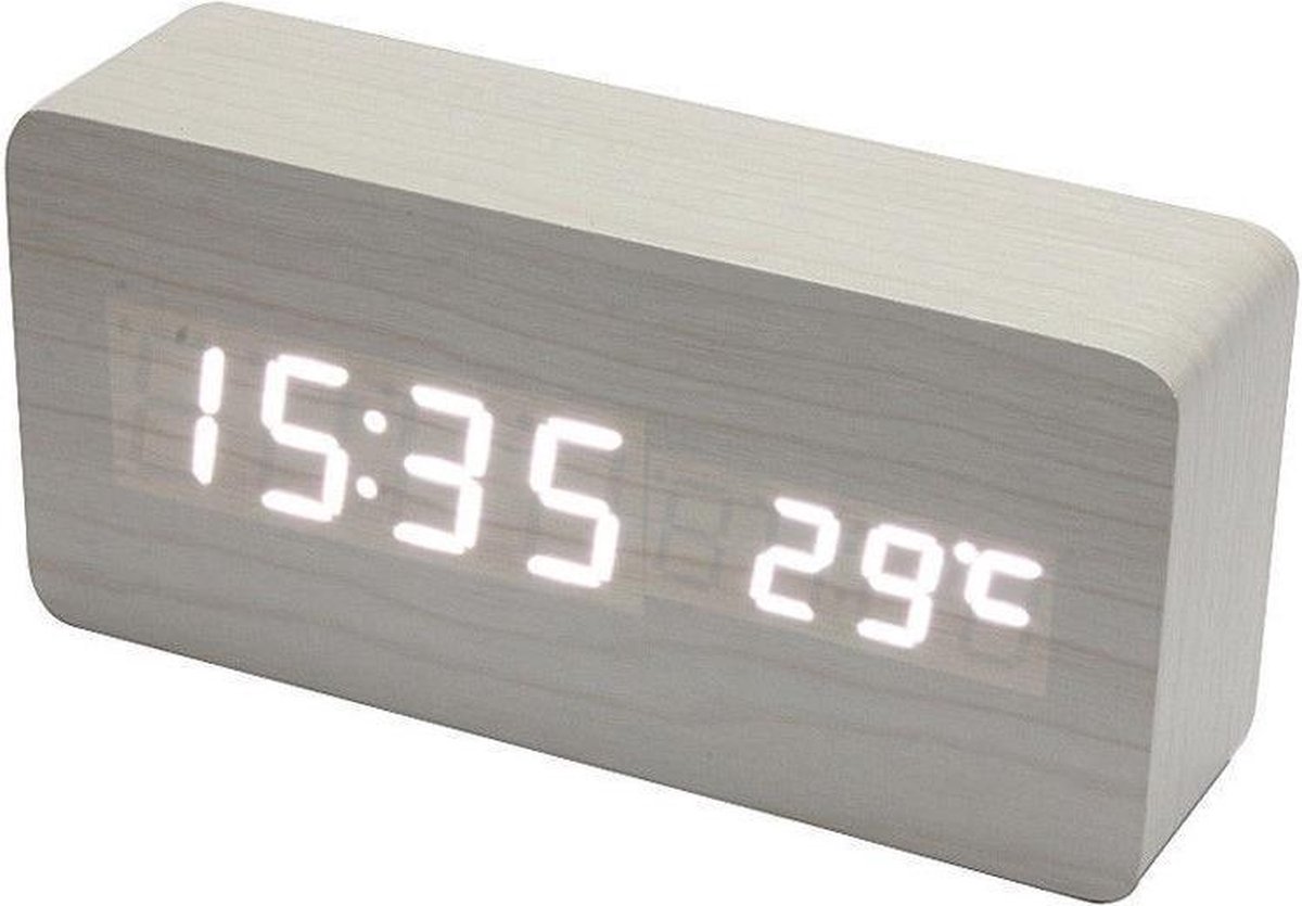 Houten wekker – Alarm Clock – Rechthoek groot - Witte kleur – Reiswekker - Tijd datum temperatuur weergave – Sound control - Dimbaar – LED display - Draadloos met batterijen