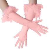 dressforfun - Lange satijnen handschoenen met veren roze - verkleedkleding kostuum halloween verkleden feestkleding carnavalskleding carnaval feestkledij partykleding - 304594