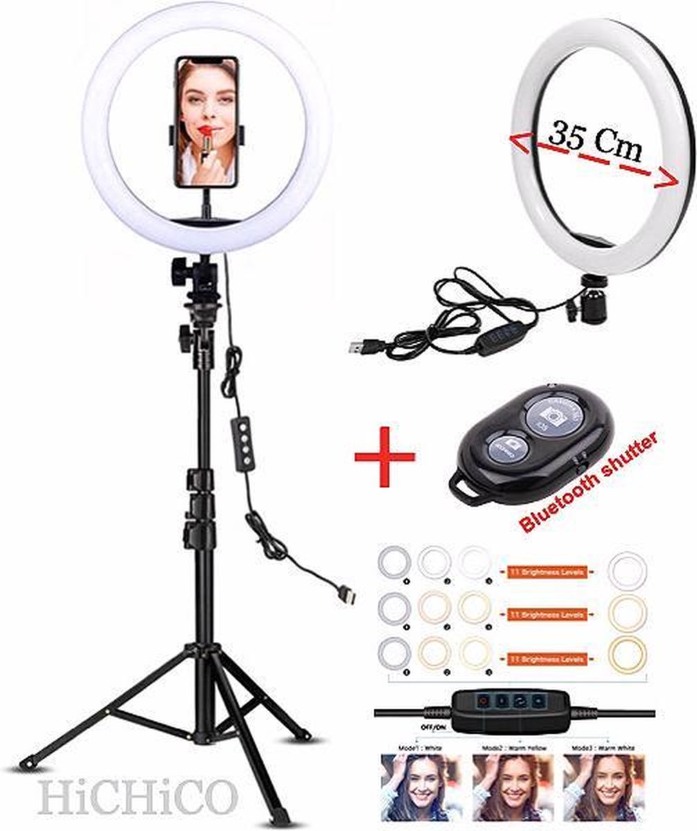 Selfie LED Ring Lamp 33Cm + Tripod Stand 210CM hoog Inclusief Bluetooth afstandsbediening en Telefoonhouder Selfie - lamp - Ringlamp - Statief - Tik tok - flitser – Make up light – Studiolamp – Ring Light van HiCHiCO®