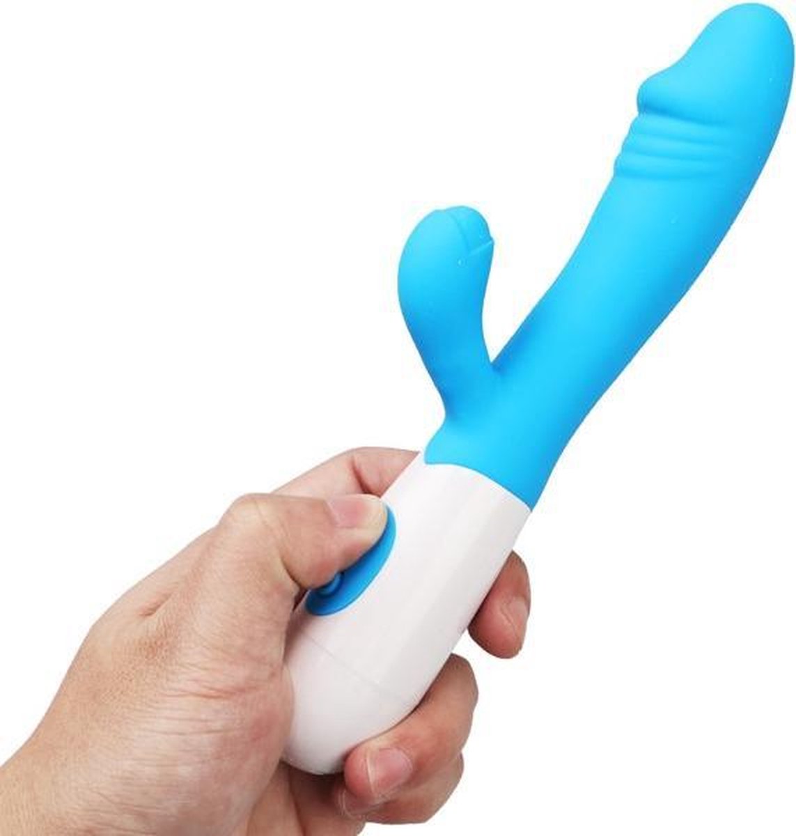 Erodit® Tarzan dildo vibrator -Bunny Vibrator-Geribbelde eikel stimulatie clitoris- g-spot - Anaal vibrators voor mannen- vibrators voor vrouwen -Blauw, 19,5 cm- incl batterij- Sex toys- Erotiek- Seksspeeltjes voor koppels