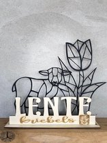 Lente decoratie / Lente ornament van een houten tulp en lammetje geometrisch (in de kleur zwart) en de tekst LENTE kriebels (sierlijk) / paas decoratie / paasversiering
