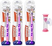 Elmex Leertandenborstel Paars (0 tot 3 jaar) Zacht - 3 stuks met tandpasta en zandloper