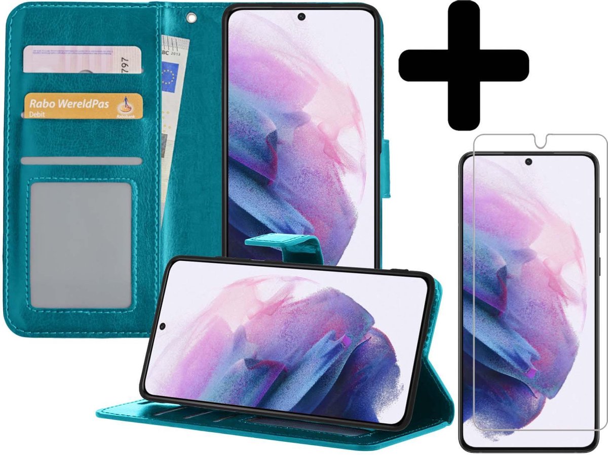 Hoesje - Met Screenprotector - Geschikt voor Samsung Galaxy S21 - Luxe Pasjeshouder - Bookcase Portemonee - Flip Case - Kunstleer Book Case - Flipcase - Book Cover - Walletcase - Portemonneehoes - Telefoonhoesjes - Turquoise