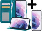 Hoesje Geschikt voor Samsung S21 Hoesje Book Case Hoes Wallet Cover Met Screenprotector - Hoes Geschikt voor Samsung Galaxy S21 Hoesje Bookcase Hoes - Turquoise