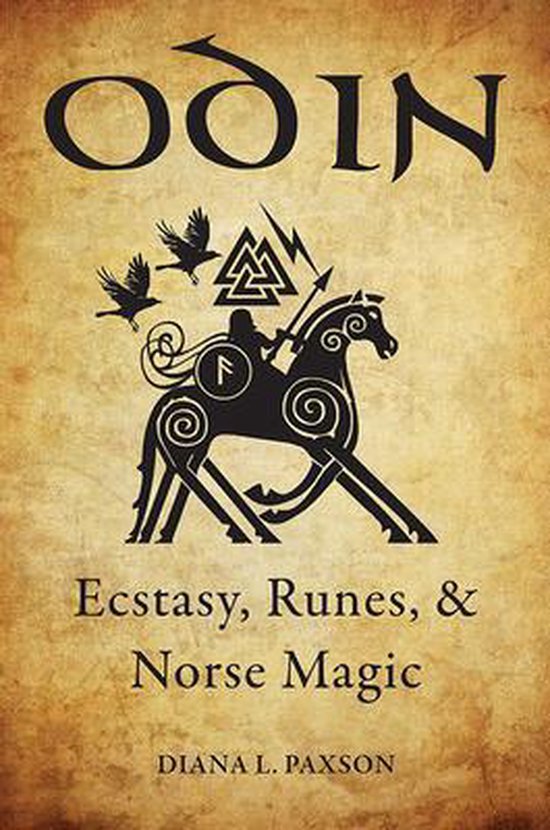 Boekomslag van "Odin: Ecstasy, Runes, & Norse Magic" door Diana L. Paxson. Zwart-witte afbeelding van een ruiter op een paard met twee kraaien en een Valknut.