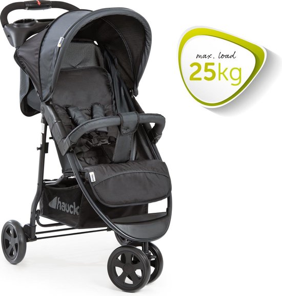 Zwarte Hauck Citi Neo II buggy met 'max. load 25kg' sticker.