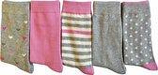 Meisjes 5-Pack sokken - Hartjes/strepen - rose/grijs/ecru - maat 35/38 - 80% katoen chaussettes socks