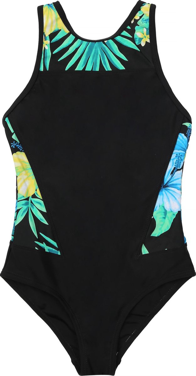 La V Badpak met racerback- zwart met bloemen 116-122