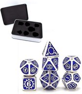 Metal Polydice set Steampunk - Metalen Polyhedral dobbelstenen set 8 delig | Set van 7 dice in metalen doosje / metal case | dungeons and dragons dice | D&D Pathfinder RPG DnD | Zilver -Blauw