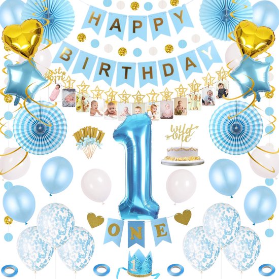 Partizzle 1 Jaar Jarig Verjaardag Versiering Set - Baby Kind - 1ste  Verjaardagskroon - Happy Birthday Slinger Ballonnen - Jongen | bol.com