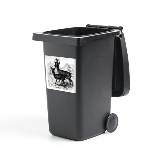 Autocollant pour conteneur - Illustration de cerf - Illustration en noir et blanc d'un cerf dans son milieu naturel. Autocollant pour conteneur - 40 x 40 cm - Autocollant pour conteneur - Autocollant résistant aux intempéries.
