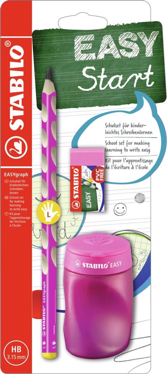 STABILO school set EASYgraph voor linkshandige kinderen (potlood + slijper + gom) - roze assortiment
