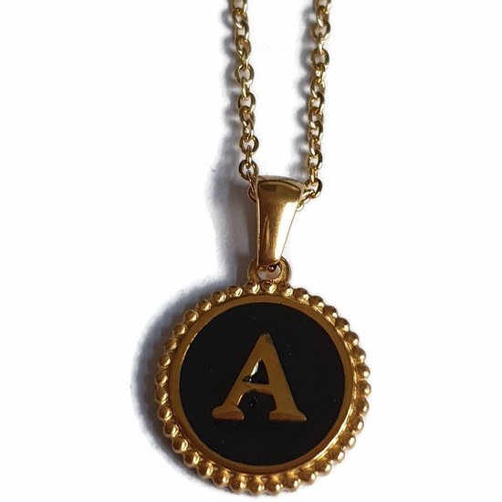 Hals ketting-letter a- chirurgisch staal - zwart - goudkleurig-45cm - dames- rond