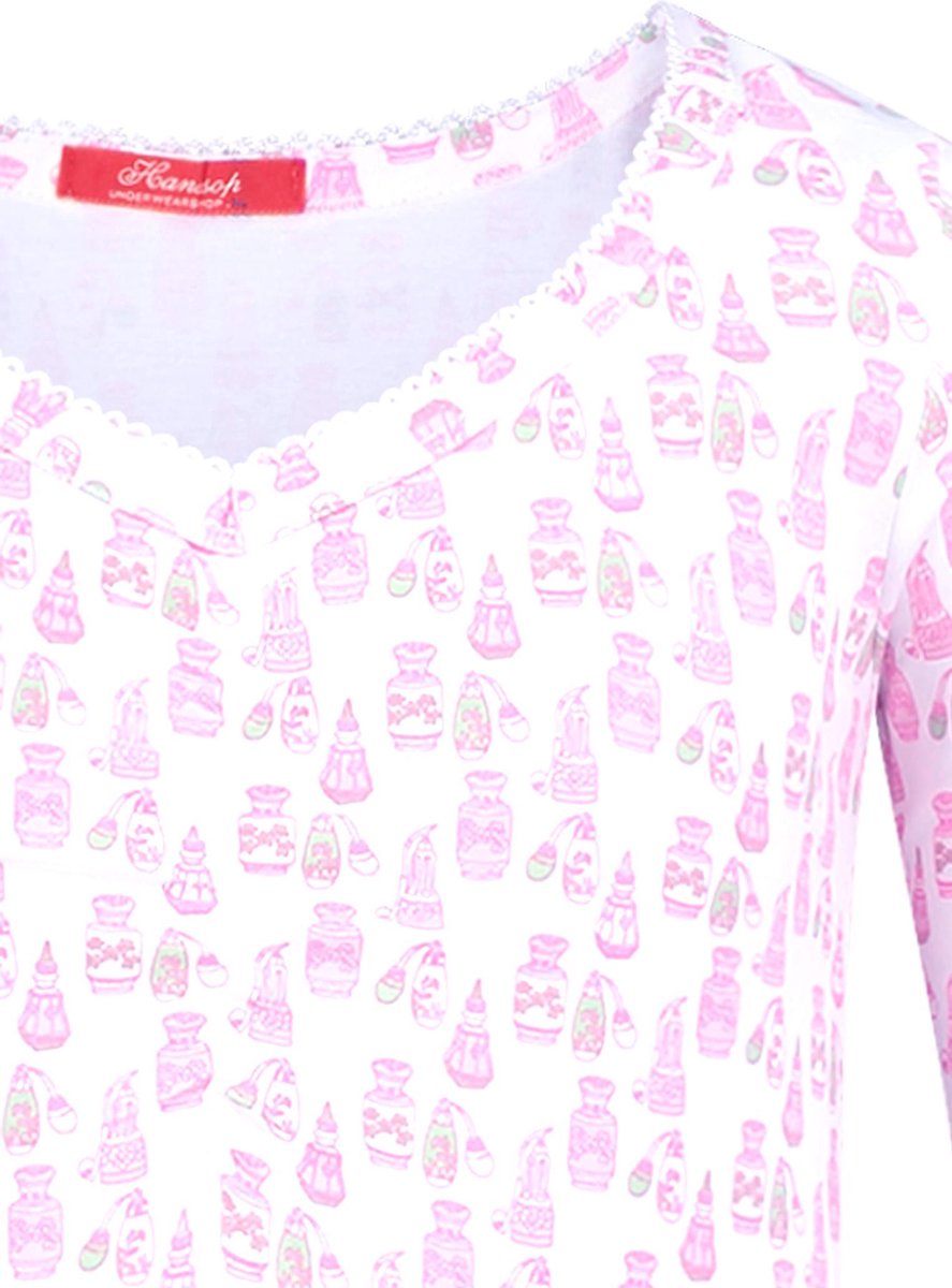 Exclusief Luxueus Kinder nachtkleding Luxe mooi zacht roze Girly Nachthemd van Hanssop met verfijnde rand details en luxe mouw verwerking, Meisjes nachthemd, Hanssop roze parfum flesjes print, maat 104