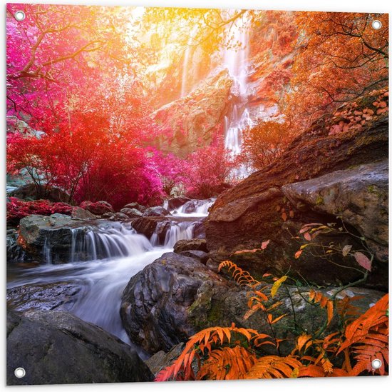 Tuinposter – Felkleurig Bos met Watervallen - 80x80cm Foto op Tuinposter  (wanddecoratie voor buiten en binnen)