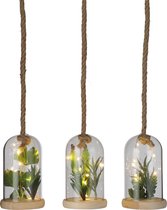 Mica Decorations - 3 Hangende Stolpen met Kunstplanten en LED - Glazen Stolp met Hangplant - Set van 3 - Ø10 h.15 cm