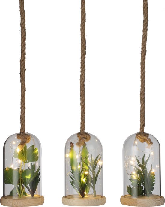 Decorations - 3 Hangende Stolpen met Kunstplanten en LED - Glazen Stolp | bol.com