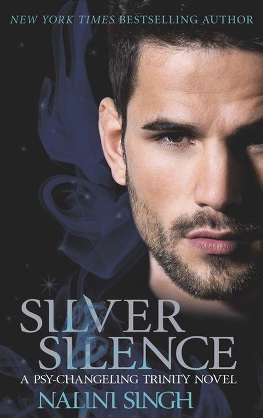 Boekomslag van "Silver Silence" met een close-up van een mannelijk gezicht met kort bruin haar en een baard, met blauwe rook op de achtergrond.