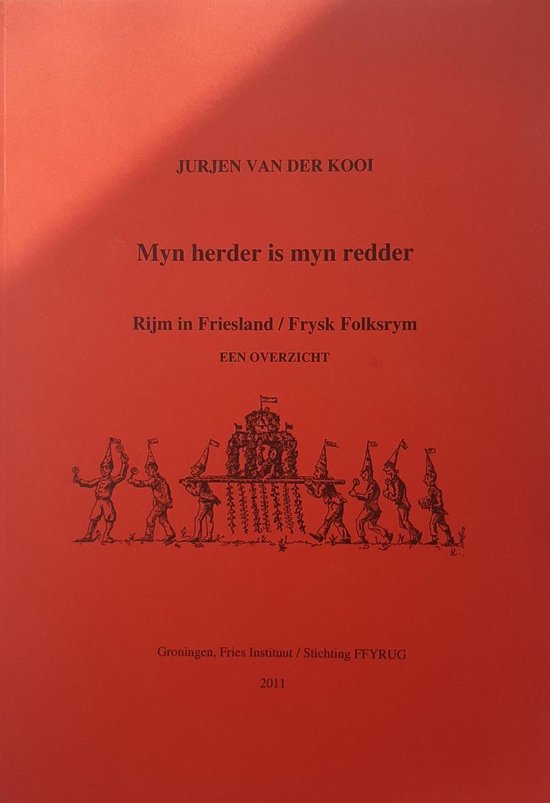 Rode omslag met in het midden een gravure van kleine figuren met puntmutsen die een decoratie dragen. Jurjen van der Kooi.