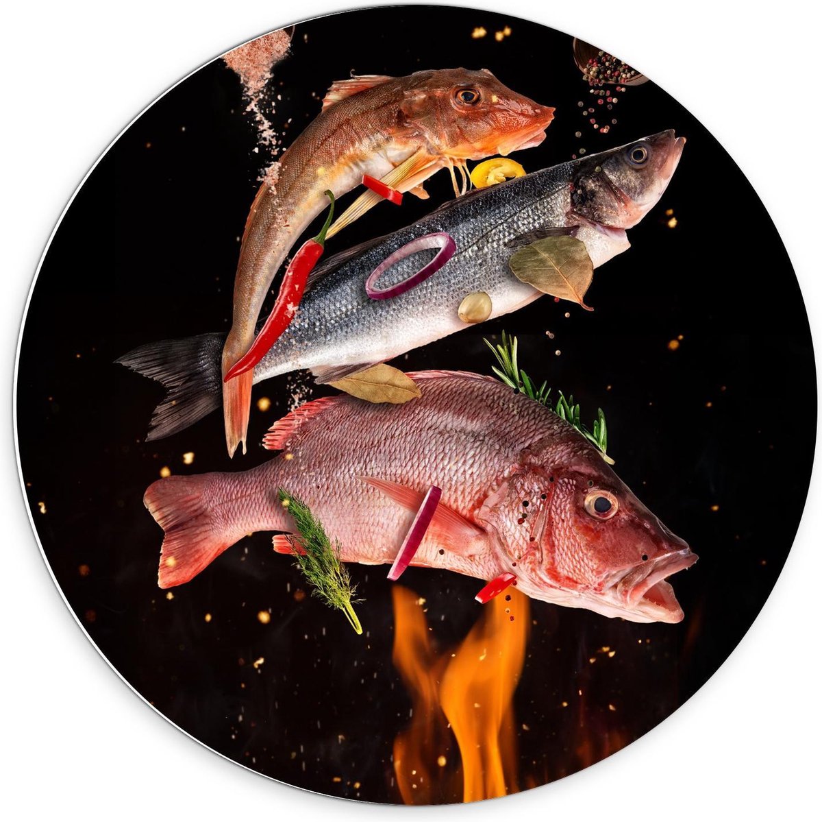 Forex Wandcirkel - Vissen met Specerijen op de BBQ - 70x70cm Foto op Wandcirkel (met ophan