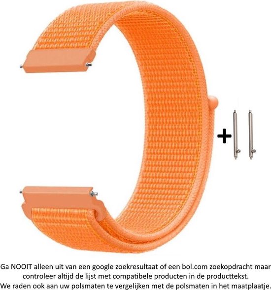 Oranje Nylon Bandje voor bepaalde 20mm smartwatches van verschillende bekende merken (zie lijst met compatibele modellen in producttekst) - Maat: zie foto – 20 mm orange nylon smartwatch strap