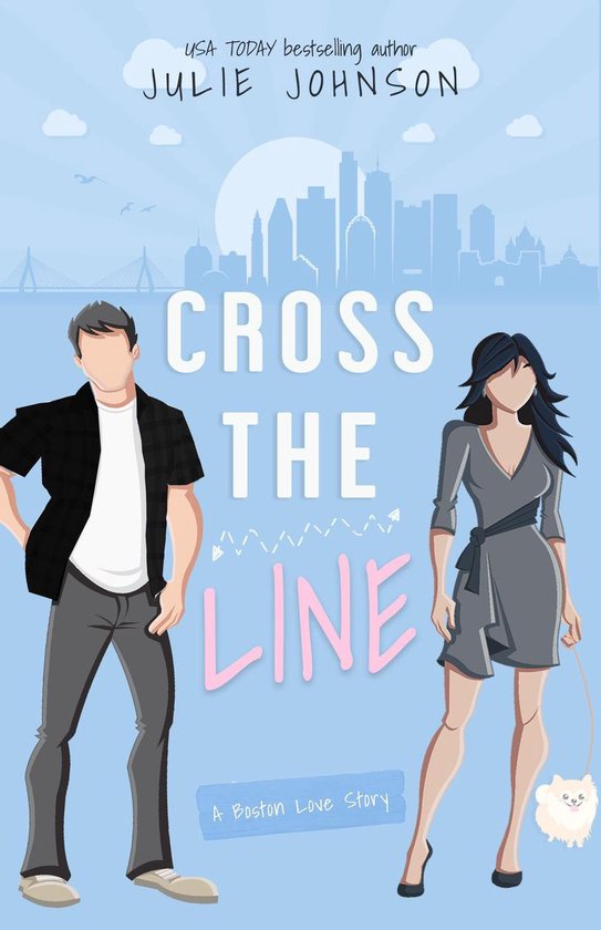 Boekomslag voor "Cross the Line", een liefdesverhaal uit Boston. Een man in een geruit hemd en een vrouw in een grijze jurk met een hond.