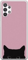 Samsung Galaxy A32 5G siliconen hoesje - Zwarte kat - Soft Case Telefoonhoesje - Roze - Print