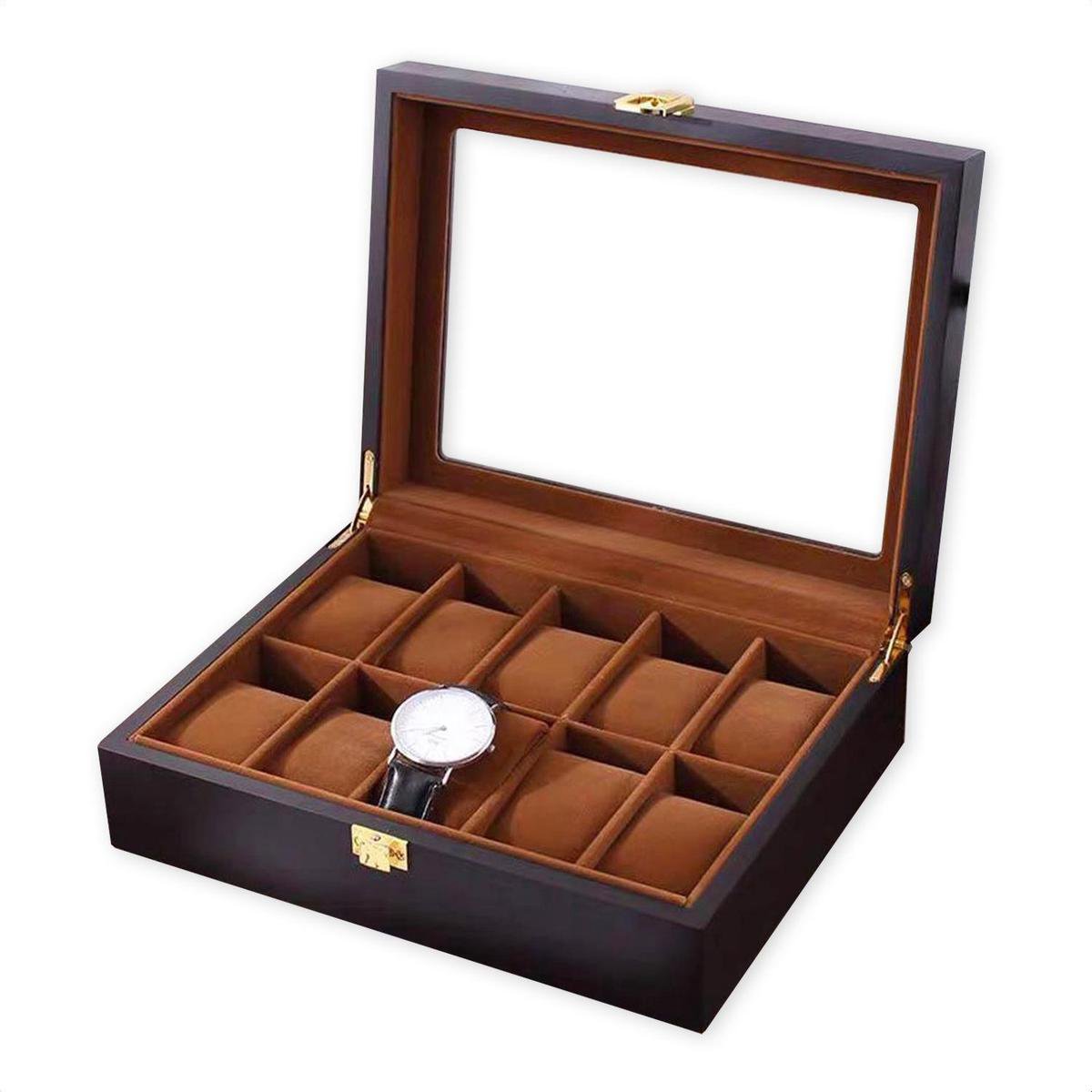 Confibel Horloge box voor juwelen en sieraden - 10 compartimenten met kussentjes - Bruin