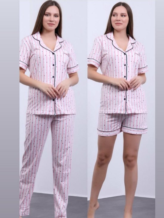 Katoen 3 -Delige Dames Pyjama Set Roze/Witte Sterretjes Maat S | bol.com