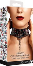 Printed Collar With Leash - Old School Tattoo Style - Black - Bondage Toys - Leash and Collars