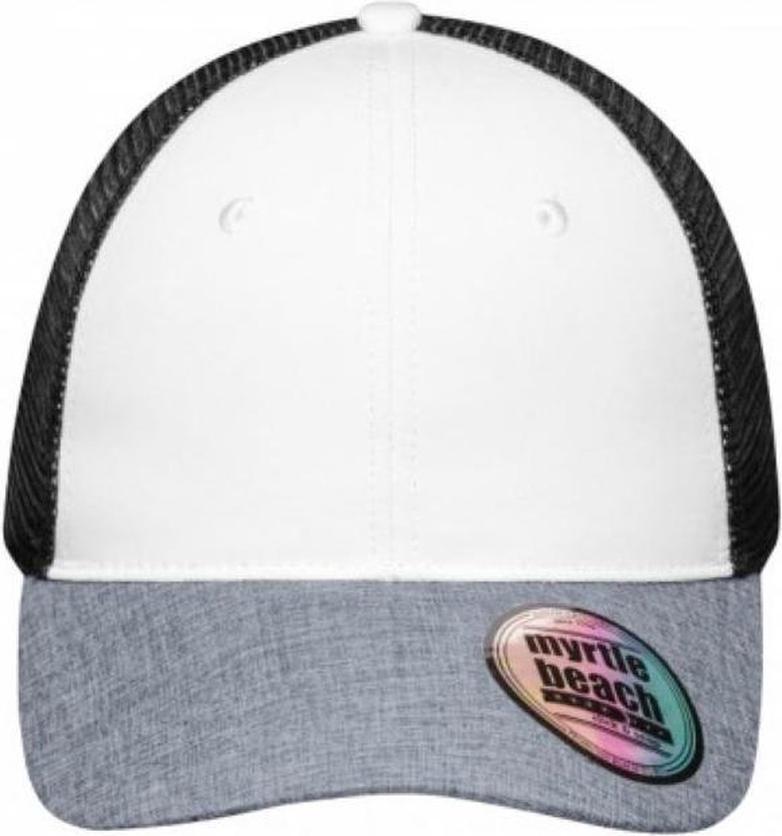 Myrtle Beach - 6 paneel mesh Beach-cap - wit/grijs gemêleerd/zwart - One Size.
