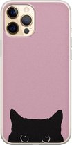 iPhone 12 hoesje - Zwarte kat - Soft Case Telefoonhoesje - Print - Roze