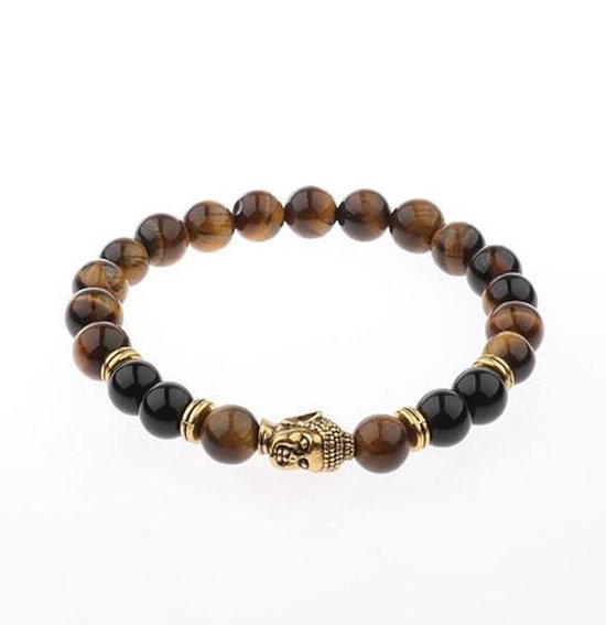 N3 Collecties Charm Buddha & Yoga Armband 8 Mm Elastische Ronde Bruin Steen Armbanden