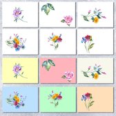 Leuke vrolijke Wenskaarten (12) - Bloemenkaarten - Zonder tekst - Cards - Veldbloemen - Ansichtkaarten bloemen - Kaartje met een staartje - Set 12 stuks - Geschikt als condoleancekaarten - St
