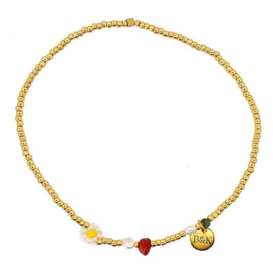 Bracelet de cheville avec perles de couleur or, blanc avec fleur jaune, pierre verte et rouge et perles