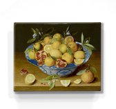 Stilleven met citroenen, sinaasappels en een granaatappel - Jacob van Hulsdonck - 24 x 19,5 cm - Niet van echt te onderscheiden schilderijtje op hout - Mooier dan een print op canvas - Laqueprint.
