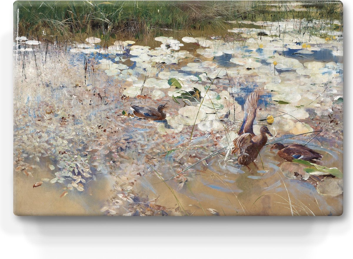 Wilde Eenden - Bruno Liljefors - 30 x 19,5 cm - Niet van echt te onderscheiden schilderijtje op hout - Mooier dan een print op canvas - Laqueprint.