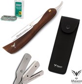 Maxon Luxe Shavette Klassiek Barbiermes - Open Scheermes van Hout - incl. Leren Etui & 5x2 Derby Scheermesjes