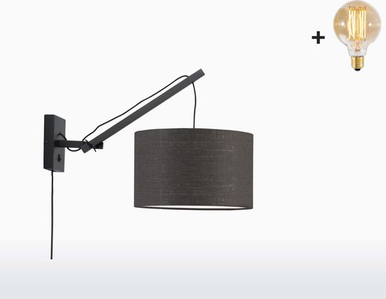 Wandlamp met Korte Arm - ANDES - Zwart Bamboe - Donkergrijs Linnen - Met LED-lamp
