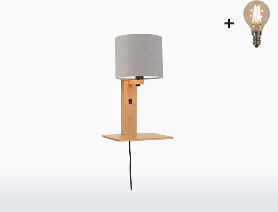 Wandlamp met boekenplank - ANDES - Naturel Bamboe - Lichtgrijs Linnen - Met LED-lamp