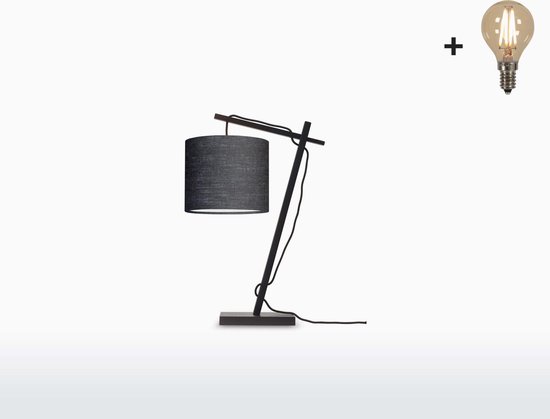 Tafellamp – ANDES – Zwart Bamboe - Donkergrijs Linnen - Met LED-lamp