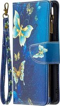 Telefoonhoesje geschikt voor Samsung Galaxy A02s - Portemonnee met rits - book-case hoesje - ruimte voor 9 pasjes - goud blauw vlinder